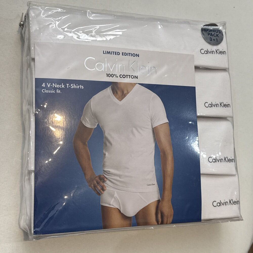 Calvin Klein 100% Cotton Classic Fit V-Neck T-Shirts 4-Pack Size XL White NEW